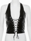 Fashion Black Halter Strap With Openwork Navel Pu Vest