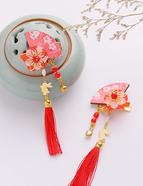 Fashion Pink Fan Flower Tassel Hair Clip 1 Pair