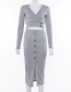 Fashion Gray V-neck Top High Waist Single-breasted Skirt Suit