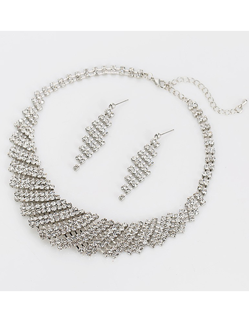 Fashion Silver Diamond Necklace Earring Set