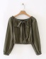 Fashion Army Green Pocket Knotted One-length Collar Long-sleeved Top