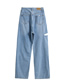Fashion Blue Washed White Pocket Slanted Side Cut Jeans