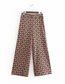 Fashion Brown Plaid Geometric Flower Print Straight Pants