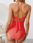 Rose Red Tassel Hanging Neck Strap Backless Deep V One-piece Swimsuit