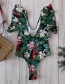 Fashion Green Flower Floral Ruffled Deep V One-piece Swimsuit
