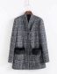 Fashion Gray Plaid Stand-up Faux Fur Contrast Color Patch Pocket Coat