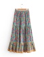 Fashion Green Rose Printed Elastic Waist Skirt