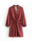 Fashion Wine Red Polka-print V-neck Pleated Dress