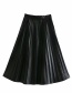 Fashion Black Pleated Pu Leather Single-breasted Skirt