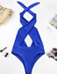 Fashion Blue Cross-hanging Neck Openwork Bandage One-piece Swimsuit
