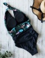 Fashion Leaf Powder Water Lily + Black Pants Bandage Striped One-piece Swimsuit