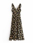 Fashion Black Small Floral Print Front And Back V-neck Strap Hem Split Dress