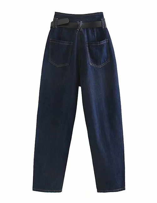 Fashion Navy Blue Paper Bag Washed Jeans (with Belt)