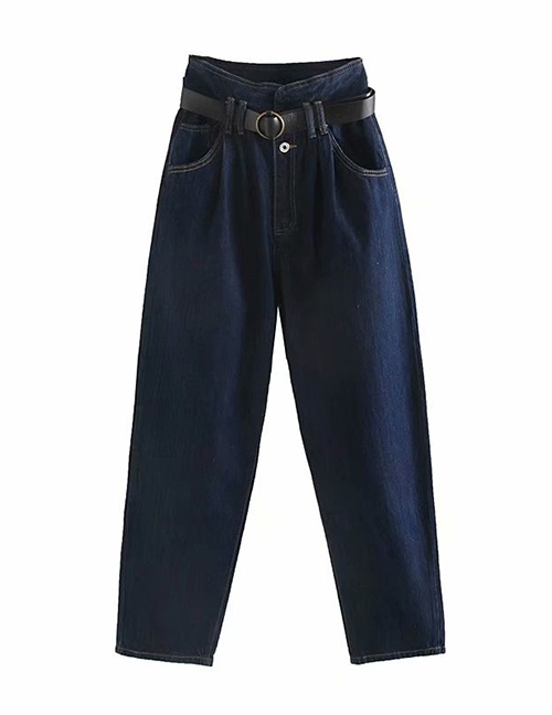 Fashion Navy Blue Paper Bag Washed Jeans (with Belt)