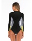 Fashion Black + Green Leaves Long Sleeve One-piece Swimsuit