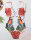 Fashion Blue Bottom Leaves Printed V-neck One-piece Swimsuit