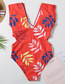 Fashion Blue Bottom Leaves Printed V-neck One-piece Swimsuit