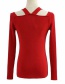 Fashion Red Leaky Shoulder Single-breasted Knit Sweater