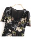 Fashion Black Square Collar Hem Split Puff Sleeve Floral Dress