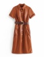Fashion Brown Pu Leather With Belt Dress