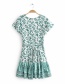 Fashion Green V-neck Cotton Flower Print Dress