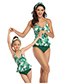 Fashion Green Leaf Siamese Printed Knotted Parent-child One-piece Swimsuit For Children