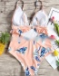 Fashion Orange Powder Leaky Back Plant Print Pleated Lace Conjoined Bikini