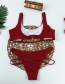 Fashion Red Wine Slit Stripe Chest Pads Gathered Hollow Cut Split Swimsuit