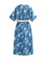 Fashion Blue Flower Print Jumpsuit With Belt