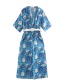 Fashion Blue Flower Print Jumpsuit With Belt