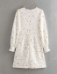 Fashion White Floral Print Long Sleeve V-neck Single Breasted Dress