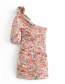 Fashion Pink Floral Print Asymmetrical Shoulder Pleated Dress