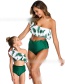 Fashion Green Ruffled Printed High Waist Flashing One-shoulder Split Swimsuit For Children