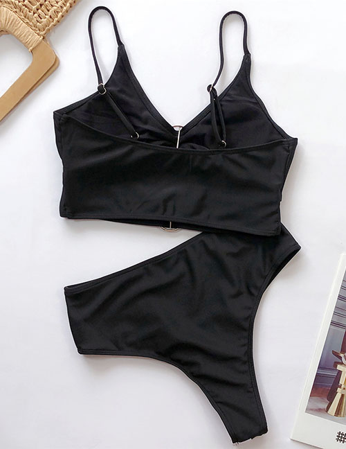 Fashion Black Contrast Contrast Round Button Cutout Split Swimsuit