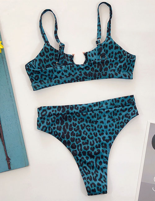 Fashion Blue Leopard Print Leopard Print High Waist Split Swimsuit
