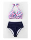 Fashion Pink Printed Pleated High Waist Split Swimsuit