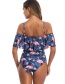 Fashion Blue One-shoulder Flamingo Print Ruffled One-piece Swimsuit