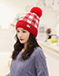 Fashion Red Color-block Plaid Plush Ball-trimmed Knitted Hat