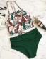 Fashion Green Printed Suspender High Waist Pleated Split Swimsuit