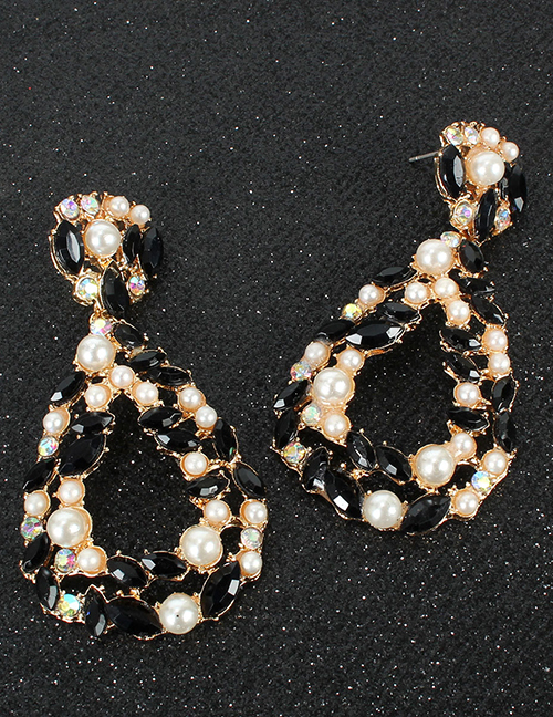 Fashion Black And White Drop-shaped Diamond Alloy Pearl Earrings