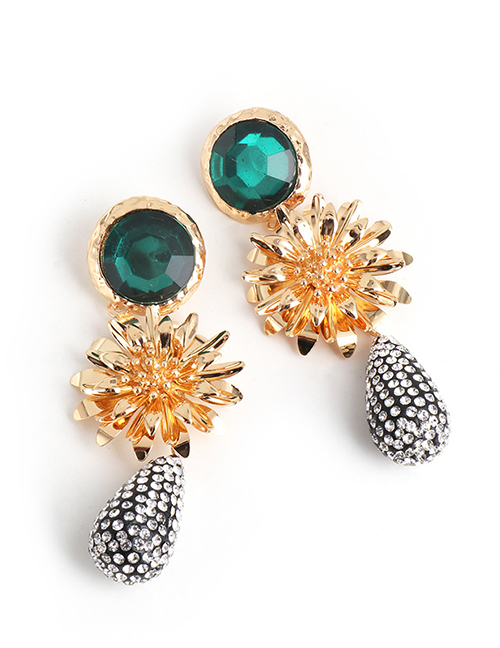 Fashion Golden Flower Alloy Water Drop Diamond Earrings