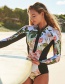 Fashion White Print + Black Sleeves Long-sleeve Printed Panelled Contrast Zip One-piece Swimsuit