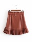 Fashion Red Small Pleated Faux Leather Belt Skirt
