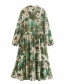 Fashion Green Chiffon Floral Print Single Breasted Dress