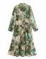 Fashion Green Chiffon Floral Print Single Breasted Dress