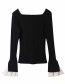 Fashion Black Square-neck Ruched Flared Sleeves Patchwork Sweater