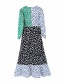 Fashion Green + Black + White Floral Print Stitching Split Chiffon Dress