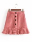 Fashion Red Houndstooth Check Single-breasted Skirt