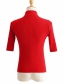 Fashion Red Threaded Collar Middle Sleeve Knit T-shirt