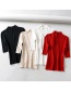 Fashion Beige Threaded Collar Middle Sleeve Knit T-shirt